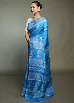 Blue Printed Pure Silk Saree Without Blouse Piece
