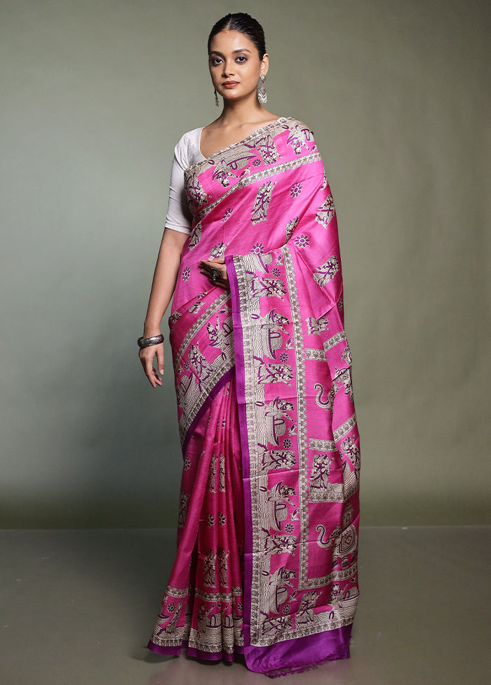 Pink Printed Pure Silk Saree Without Blouse Piece