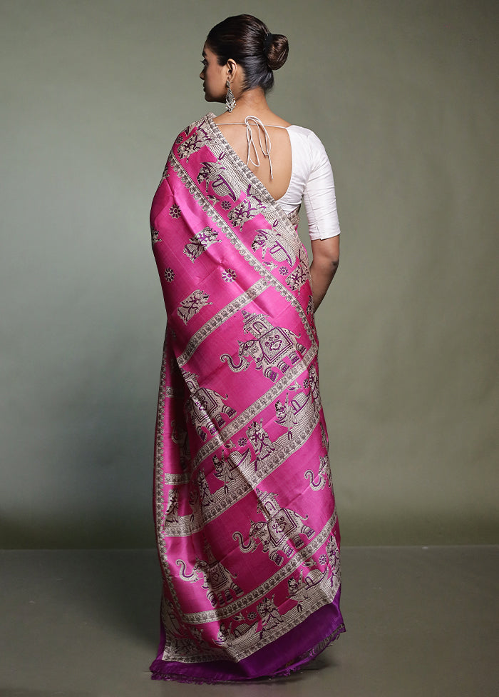 Pink Printed Pure Silk Saree Without Blouse Piece