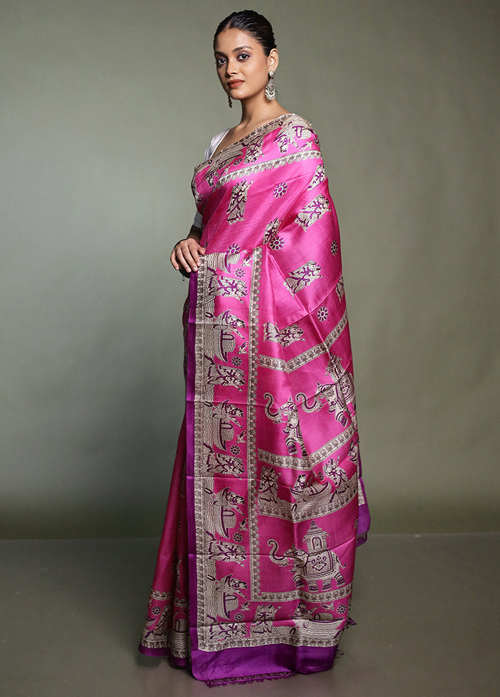 Pink Printed Pure Silk Saree Without Blouse Piece