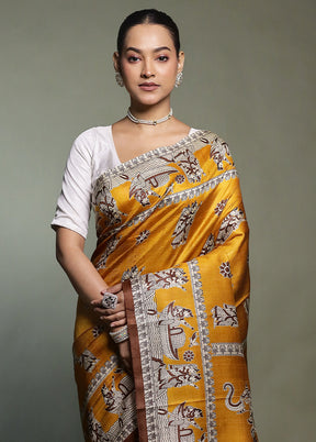 Yellow Printed Pure Silk Saree Without Blouse Piece