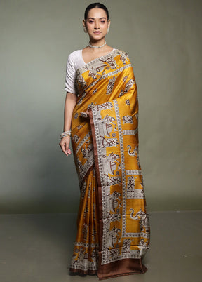 Yellow Printed Pure Silk Saree Without Blouse Piece