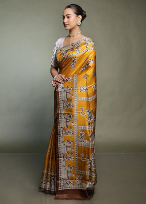 Yellow Printed Pure Silk Saree Without Blouse Piece