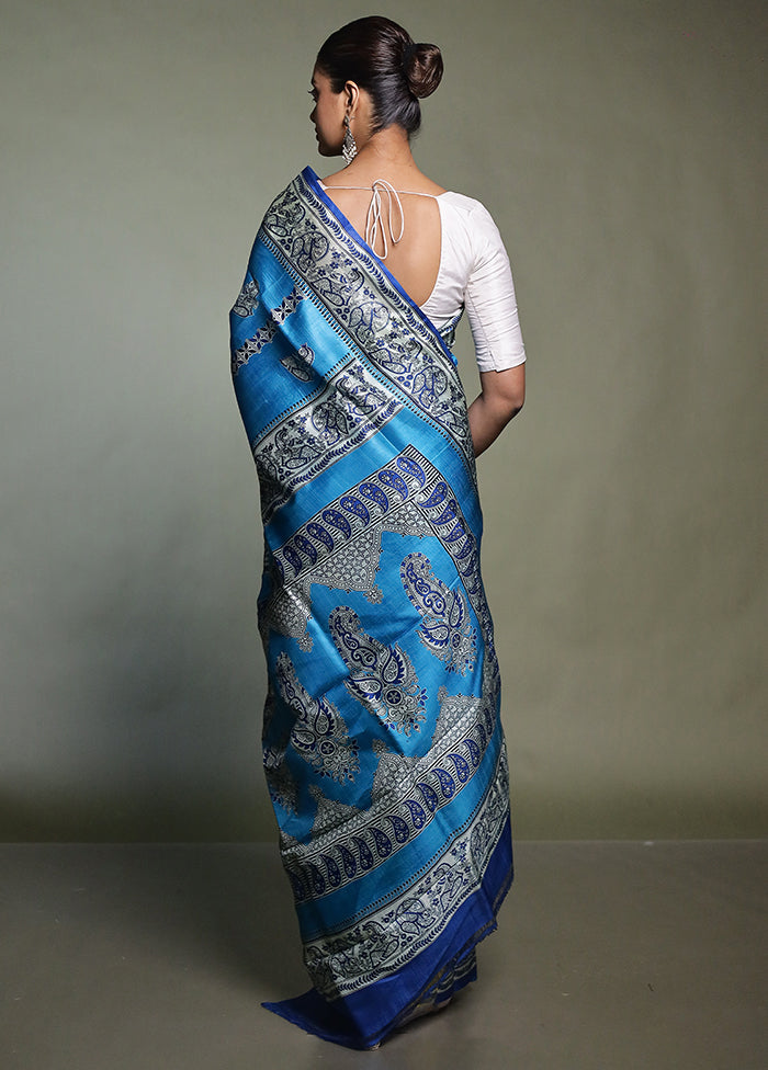 Blue Printed Silk Saree Without Blouse Piece