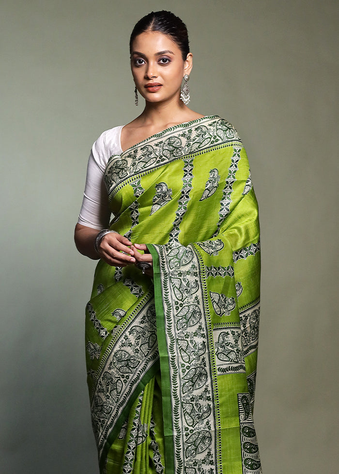 Green Printed Pure Silk Saree Without Blouse Piece