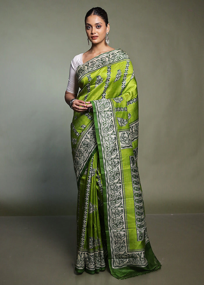 Green Printed Pure Silk Saree Without Blouse Piece