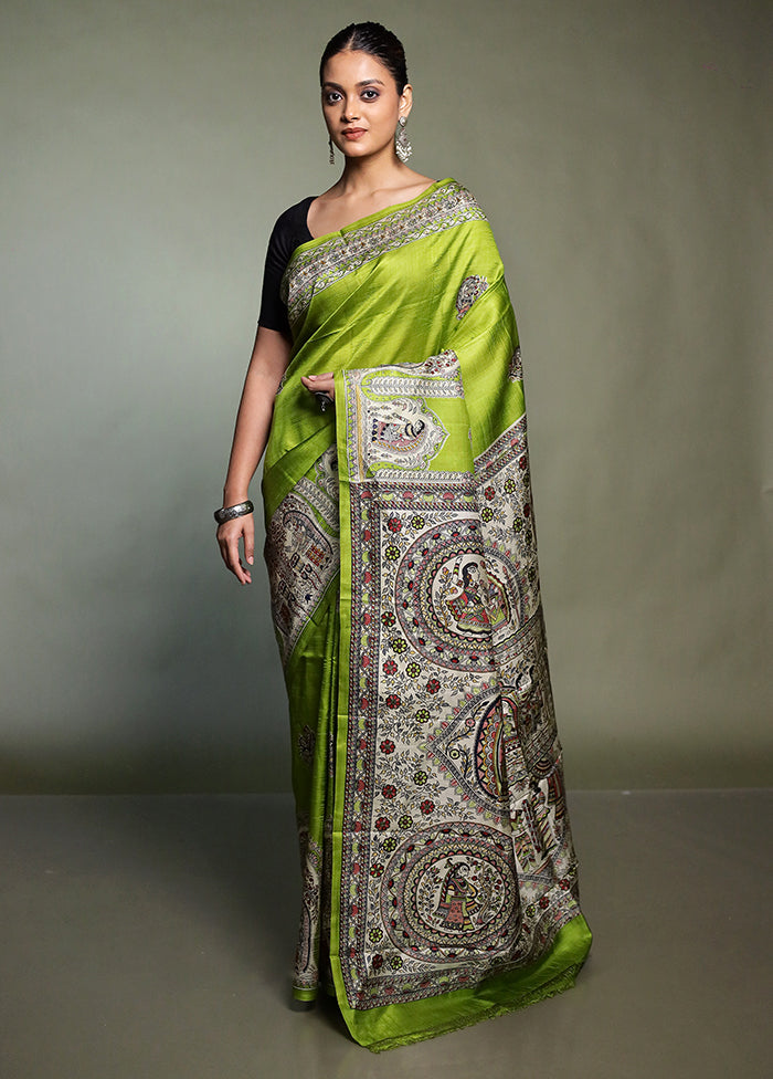 Green Printed Pure Silk Saree Without Blouse Piece