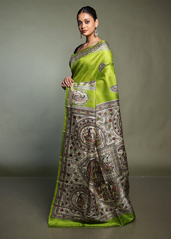Green Printed Pure Silk Saree Without Blouse Piece