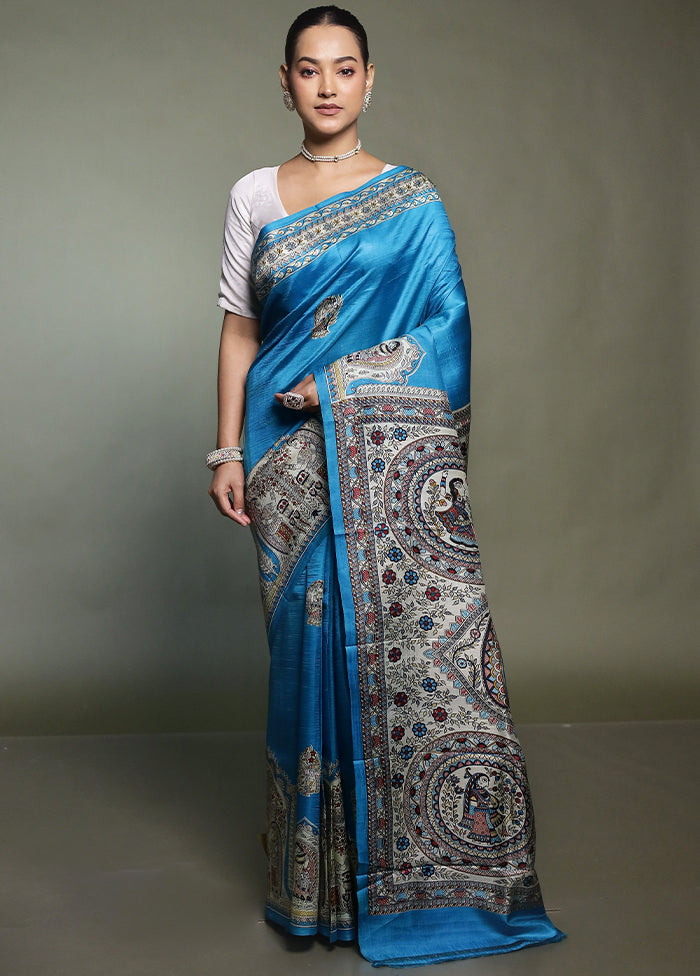 Blue Printed Pure Silk Saree Without Blouse Piece