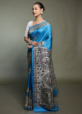 Blue Printed Pure Silk Saree Without Blouse Piece