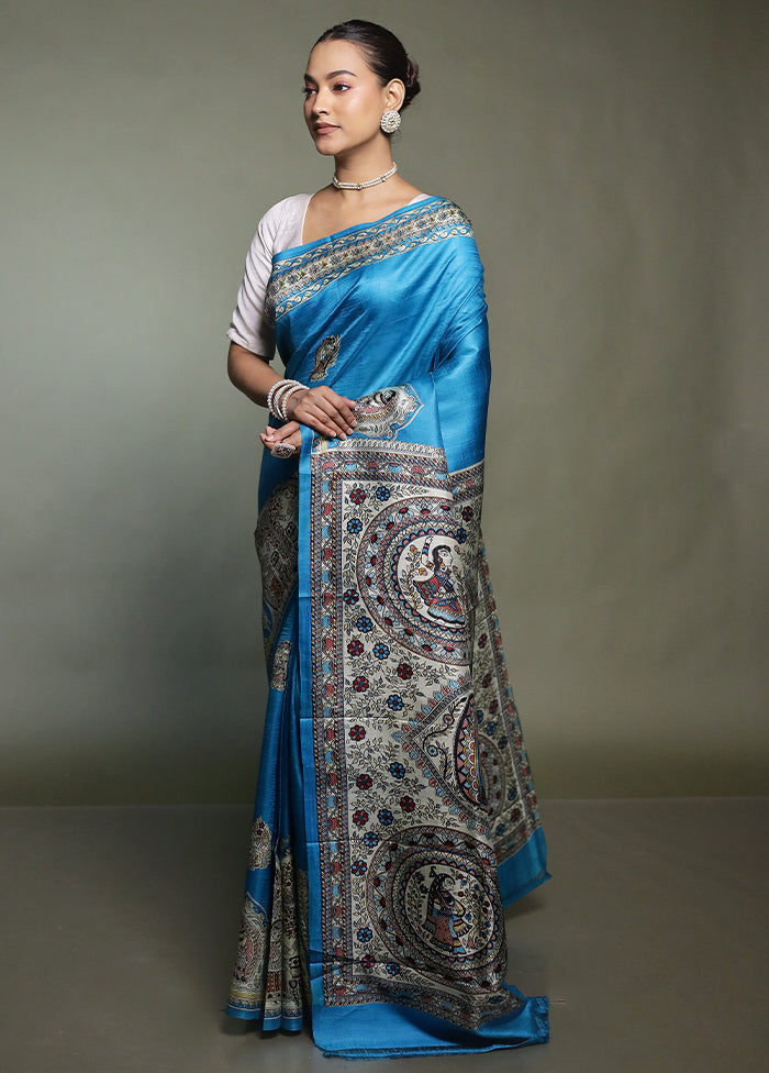 Blue Printed Pure Silk Saree Without Blouse Piece
