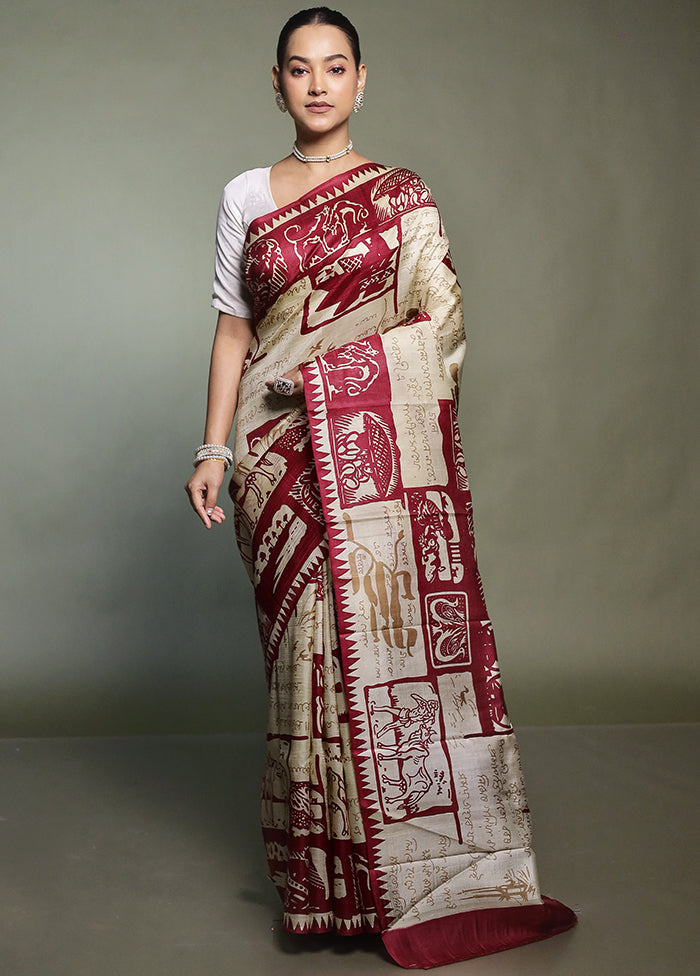 Cream Printed Pure Silk Saree Without Blouse Piece