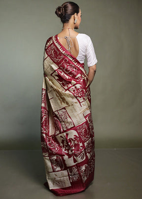 Cream Printed Pure Silk Saree Without Blouse Piece