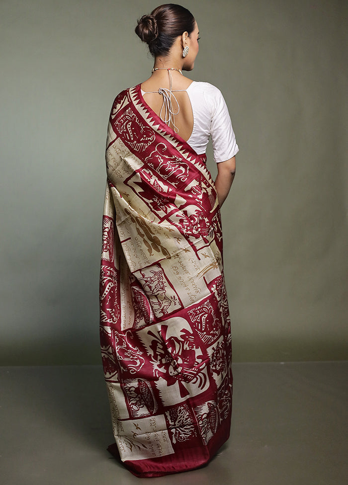 Cream Printed Pure Silk Saree Without Blouse Piece