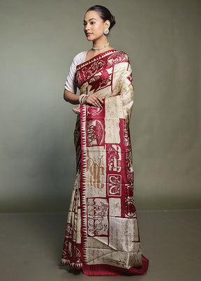 Cream Printed Pure Silk Saree Without Blouse Piece
