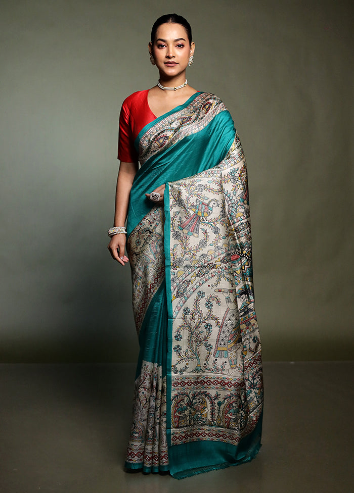 Green Printed Silk Saree Without Blouse Piece