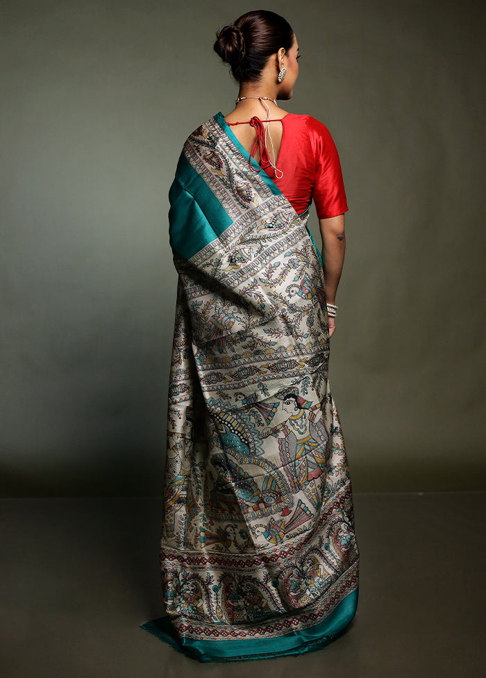 Green Printed Silk Saree Without Blouse Piece