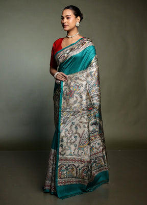 Green Printed Silk Saree Without Blouse Piece