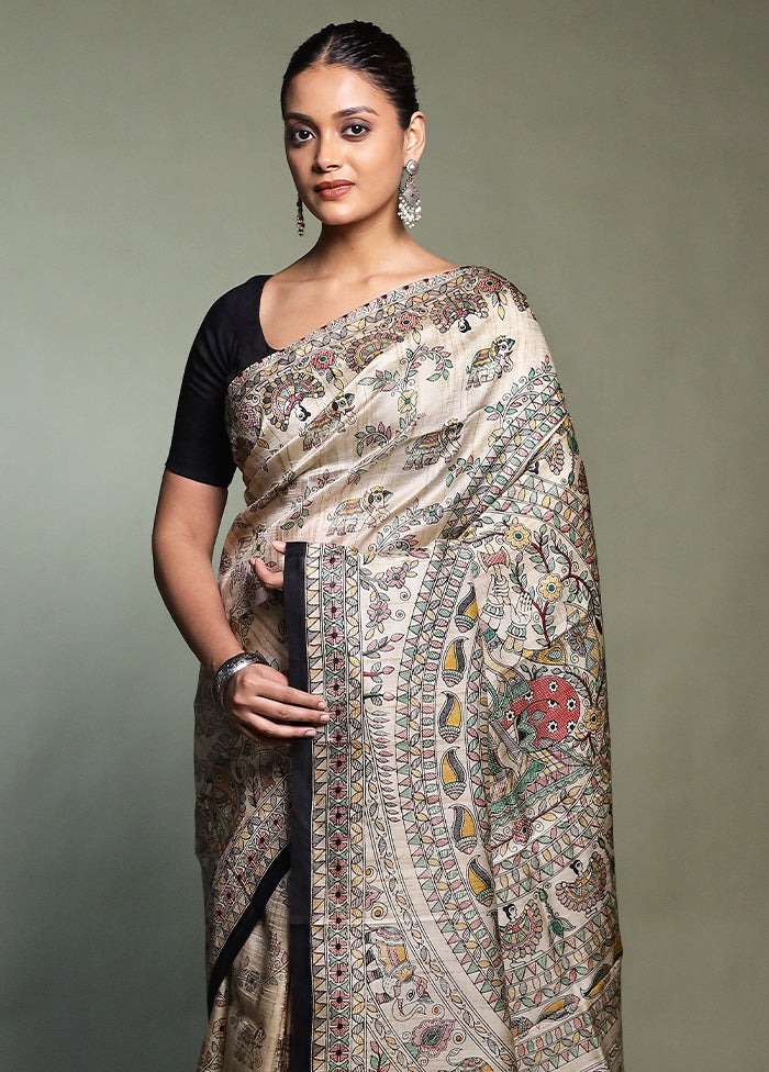 Cream Printed Pure Silk Saree Without Blouse Piece