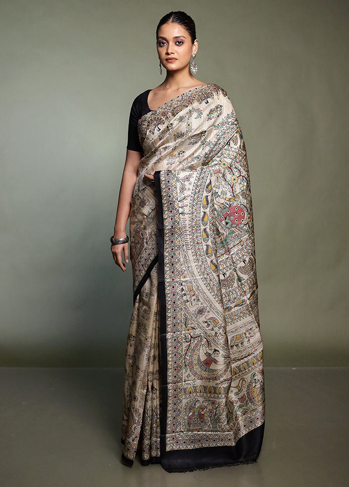 Cream Printed Pure Silk Saree Without Blouse Piece
