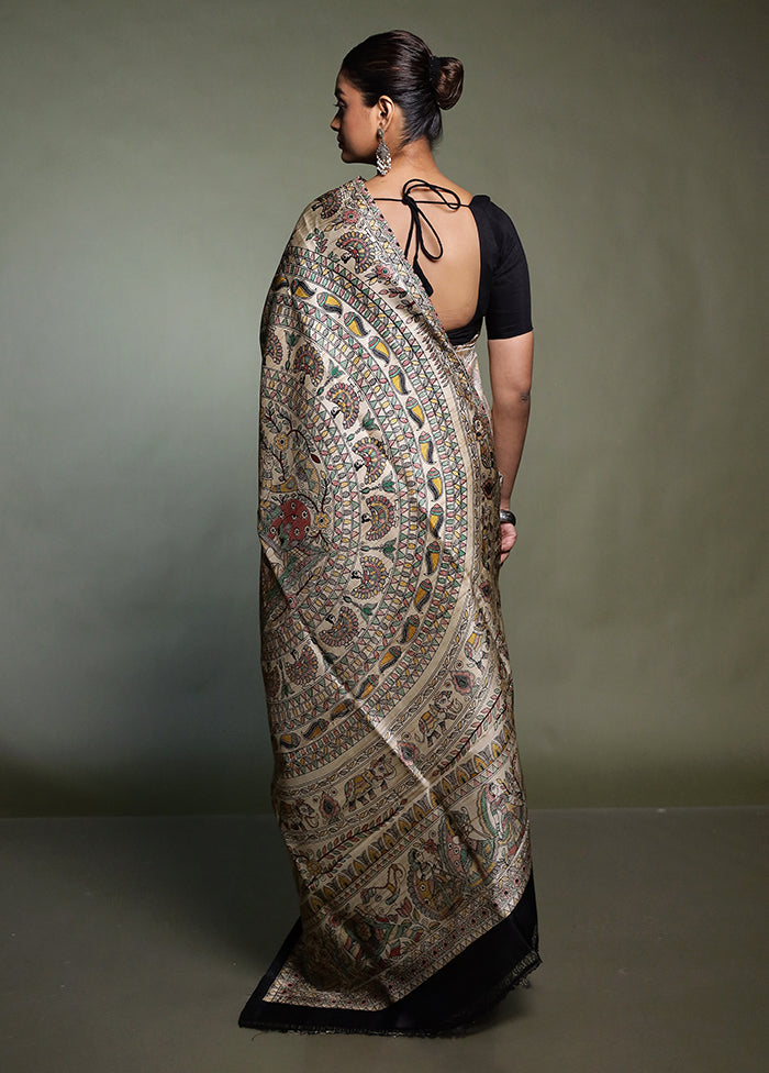 Cream Printed Pure Silk Saree Without Blouse Piece