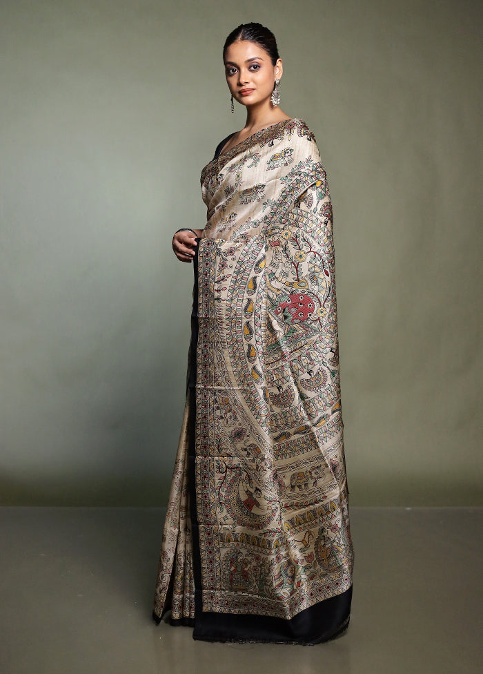Cream Printed Pure Silk Saree Without Blouse Piece