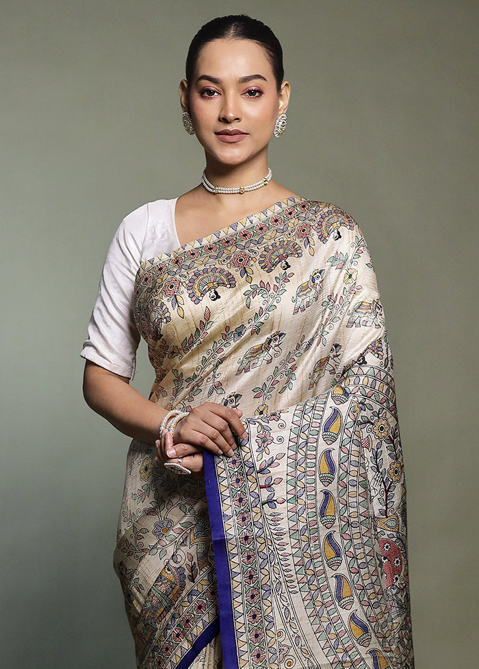 Cream Printed Pure Silk Saree Without Blouse Piece