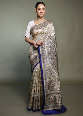 Cream Printed Pure Silk Saree Without Blouse Piece
