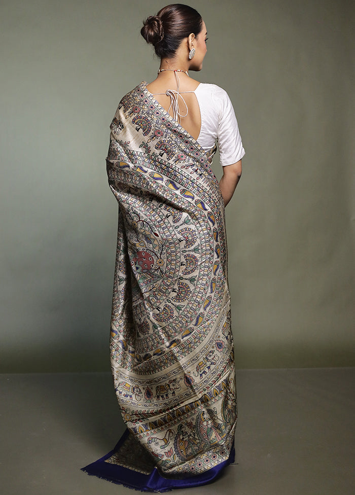 Cream Printed Pure Silk Saree Without Blouse Piece