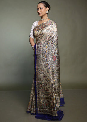 Cream Printed Pure Silk Saree Without Blouse Piece