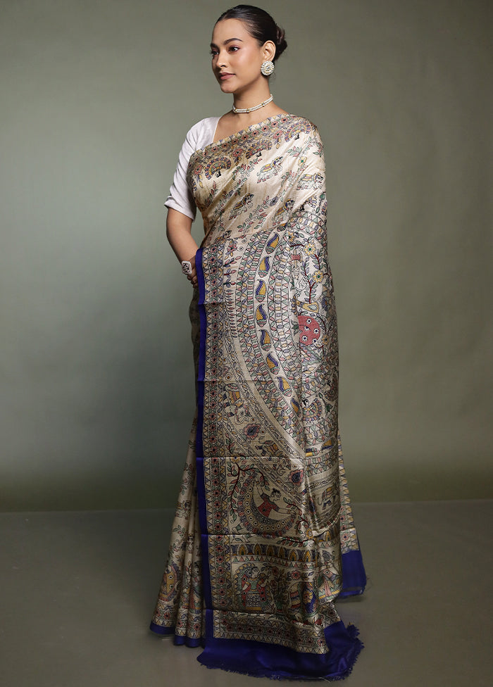 Cream Printed Pure Silk Saree Without Blouse Piece