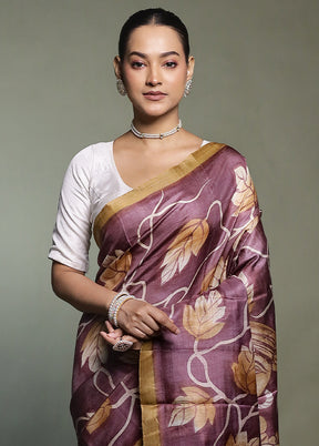 Purple Handloom Tussar Pure Silk Saree With Blouse Piece