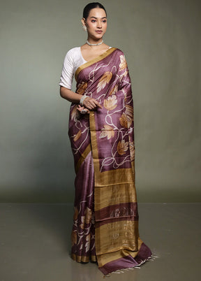 Purple Handloom Tussar Pure Silk Saree With Blouse Piece