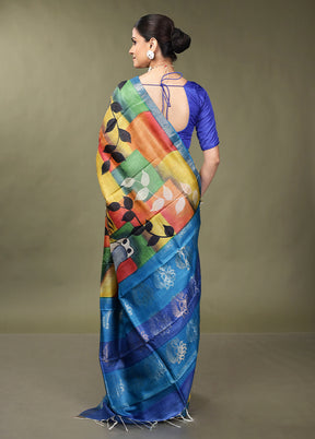 Blue Handloom Tussar Pure Silk Saree With Blouse Piece