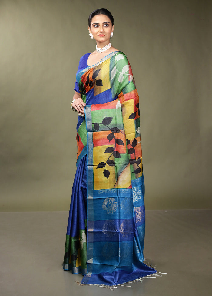 Blue Handloom Tussar Pure Silk Saree With Blouse Piece