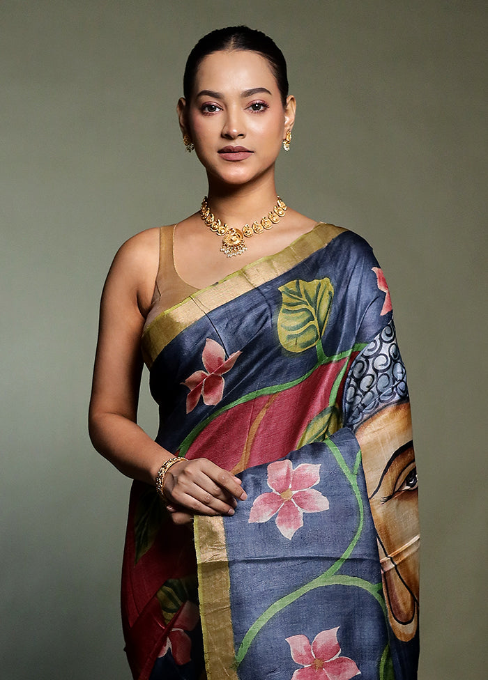 Purple Handloom Tussar Pure Silk Saree With Blouse Piece