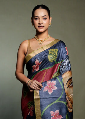 Purple Handloom Tussar Pure Silk Saree With Blouse Piece