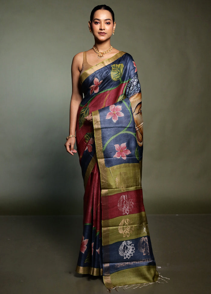 Purple Handloom Tussar Pure Silk Saree With Blouse Piece