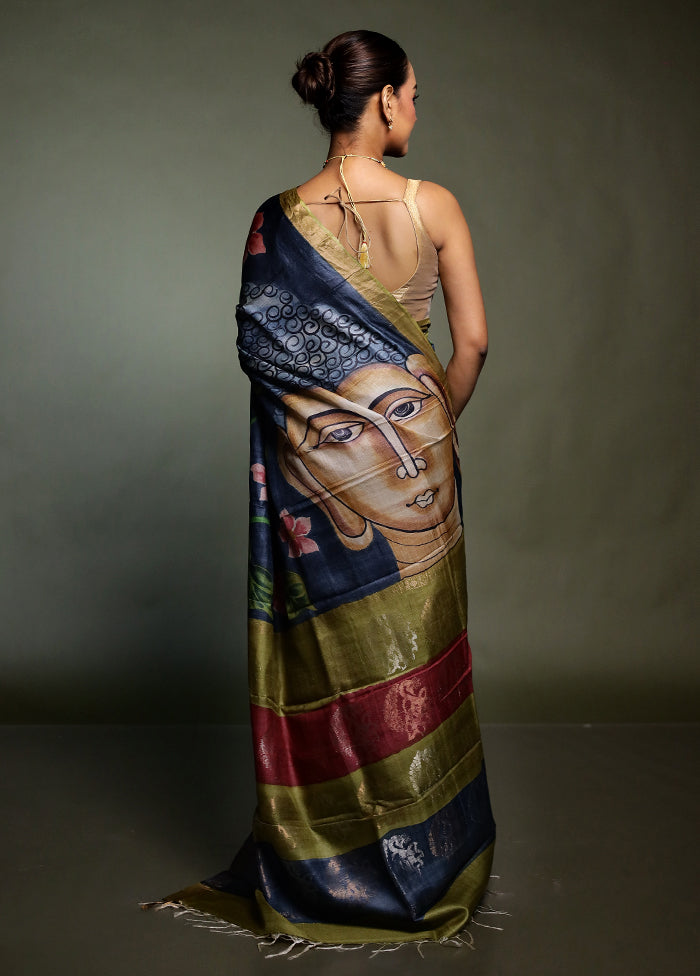 Purple Handloom Tussar Pure Silk Saree With Blouse Piece