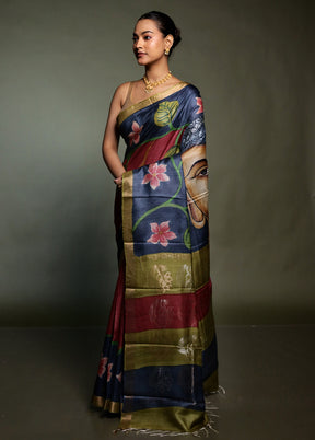 Purple Handloom Tussar Pure Silk Saree With Blouse Piece