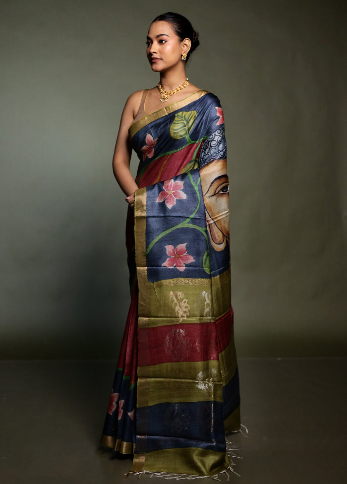 Purple Handloom Tussar Pure Silk Saree With Blouse Piece