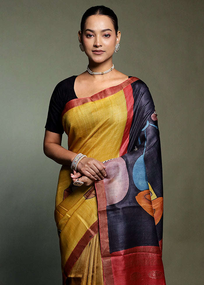 Yellow Handloom Tussar Pure Silk Saree With Blouse Piece