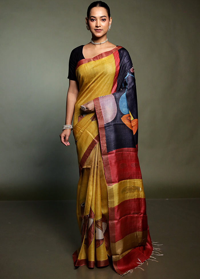 Yellow Handloom Tussar Pure Silk Saree With Blouse Piece