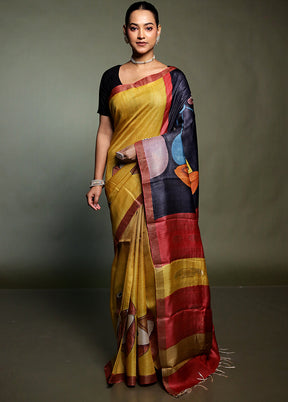 Yellow Handloom Tussar Pure Silk Saree With Blouse Piece