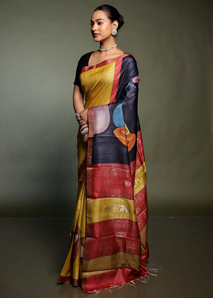 Yellow Handloom Tussar Pure Silk Saree With Blouse Piece