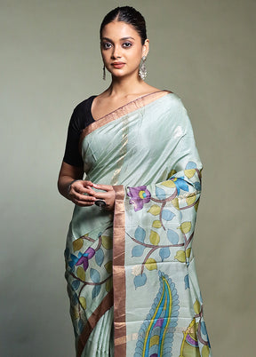 Blue Handloom Tussar Pure Silk Saree With Blouse Piece