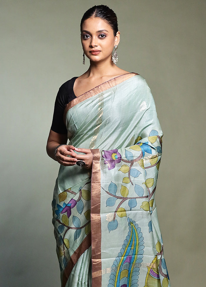 Blue Handloom Tussar Pure Silk Saree With Blouse Piece