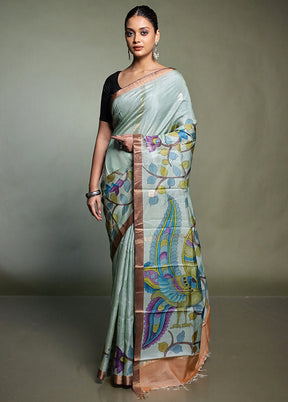 Blue Handloom Tussar Pure Silk Saree With Blouse Piece