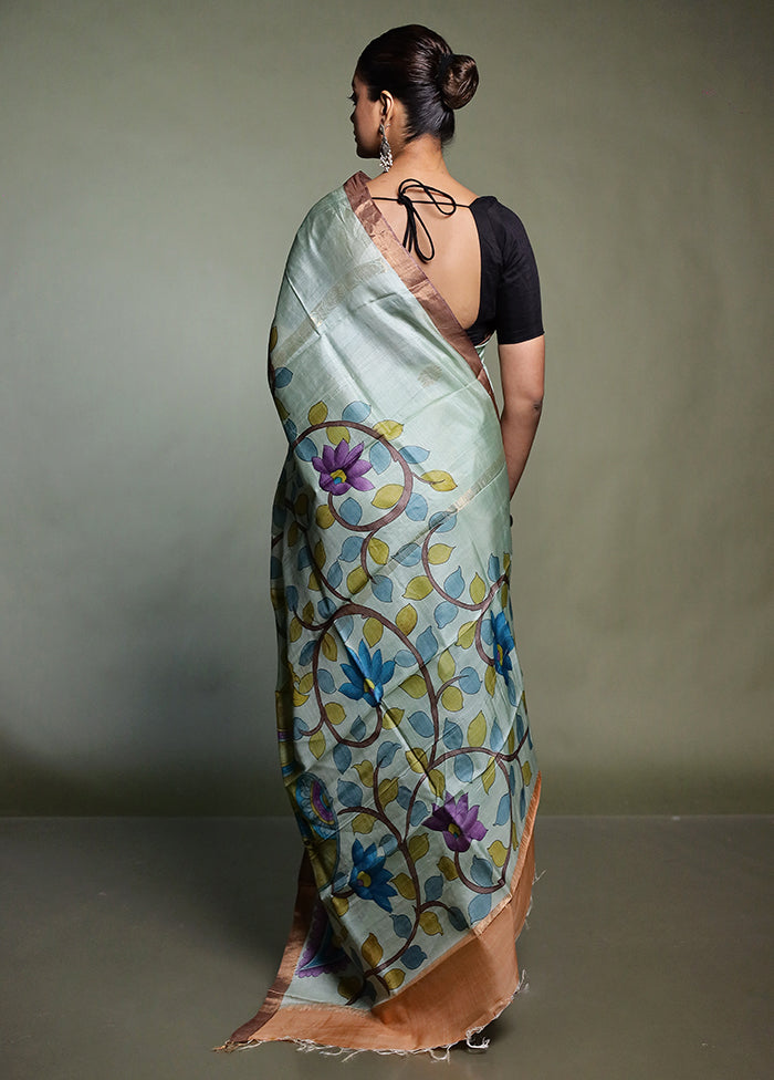 Blue Handloom Tussar Pure Silk Saree With Blouse Piece