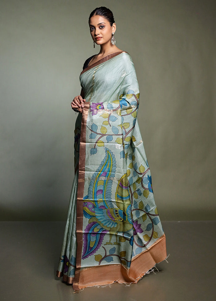 Blue Handloom Tussar Pure Silk Saree With Blouse Piece